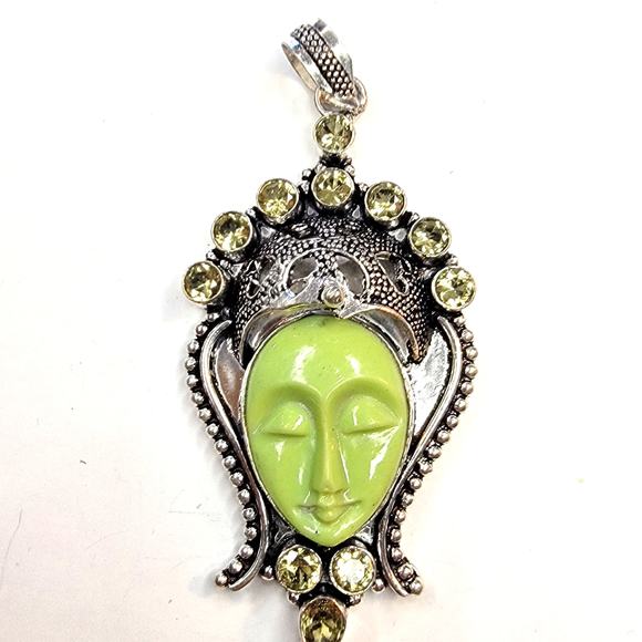 Sterling Silver Pendant with Green Carved Face and Lemon Quartz Accents - Picture 1 of 13